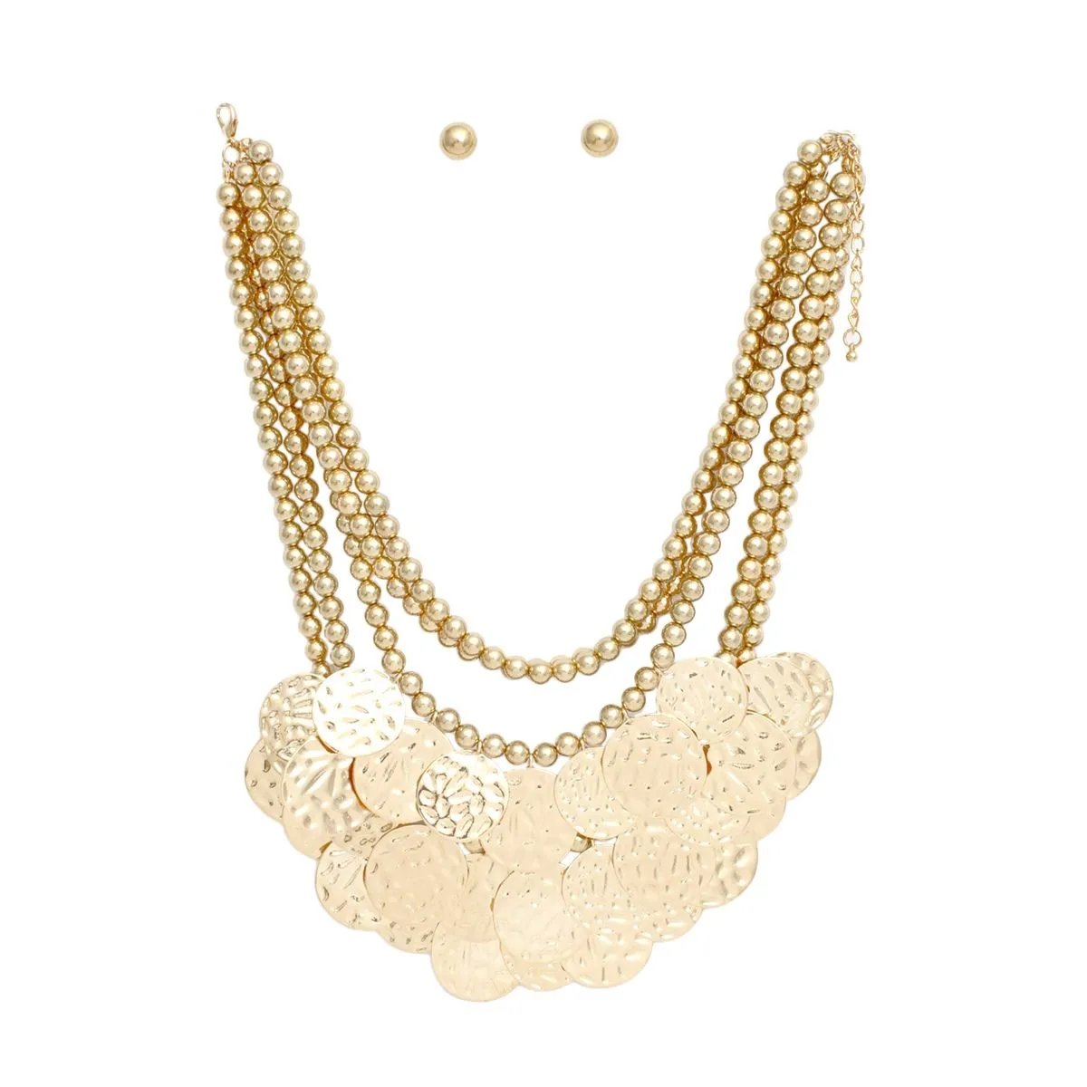 5 Strand Gold-Tone Hammered Metal Bib Necklace Set