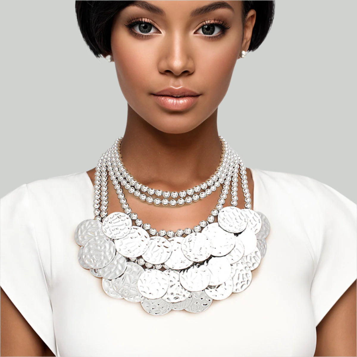 5 Strand Silver-Tone Hammered Metal Bib Necklace Set Pinktown