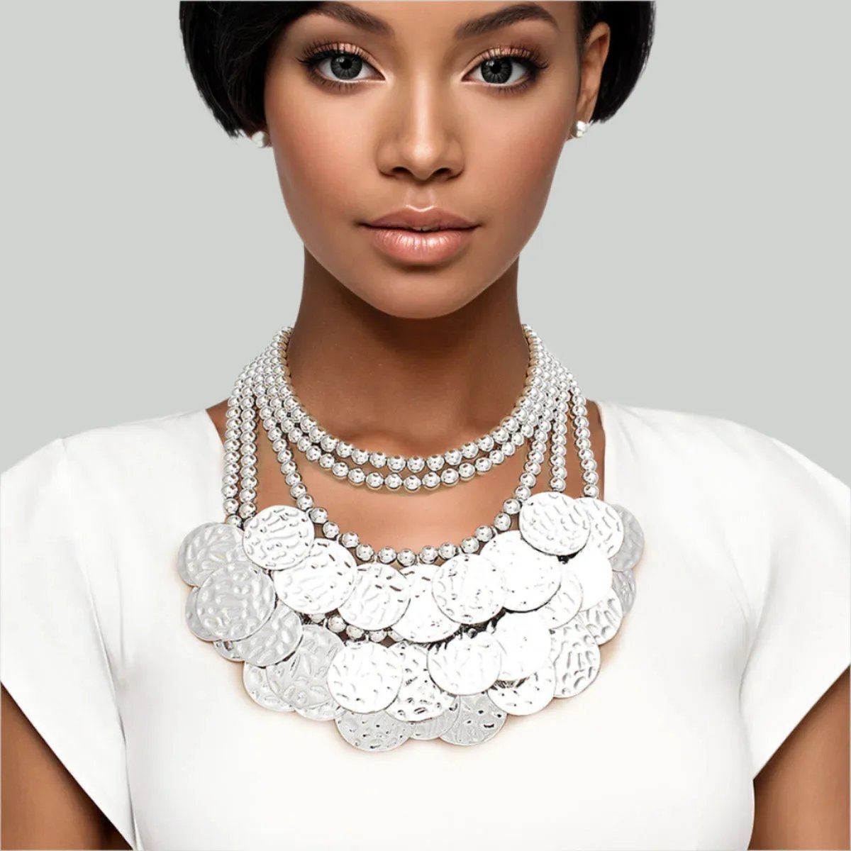 5 Strand Silver-Tone Hammered Metal Bib Necklace Set