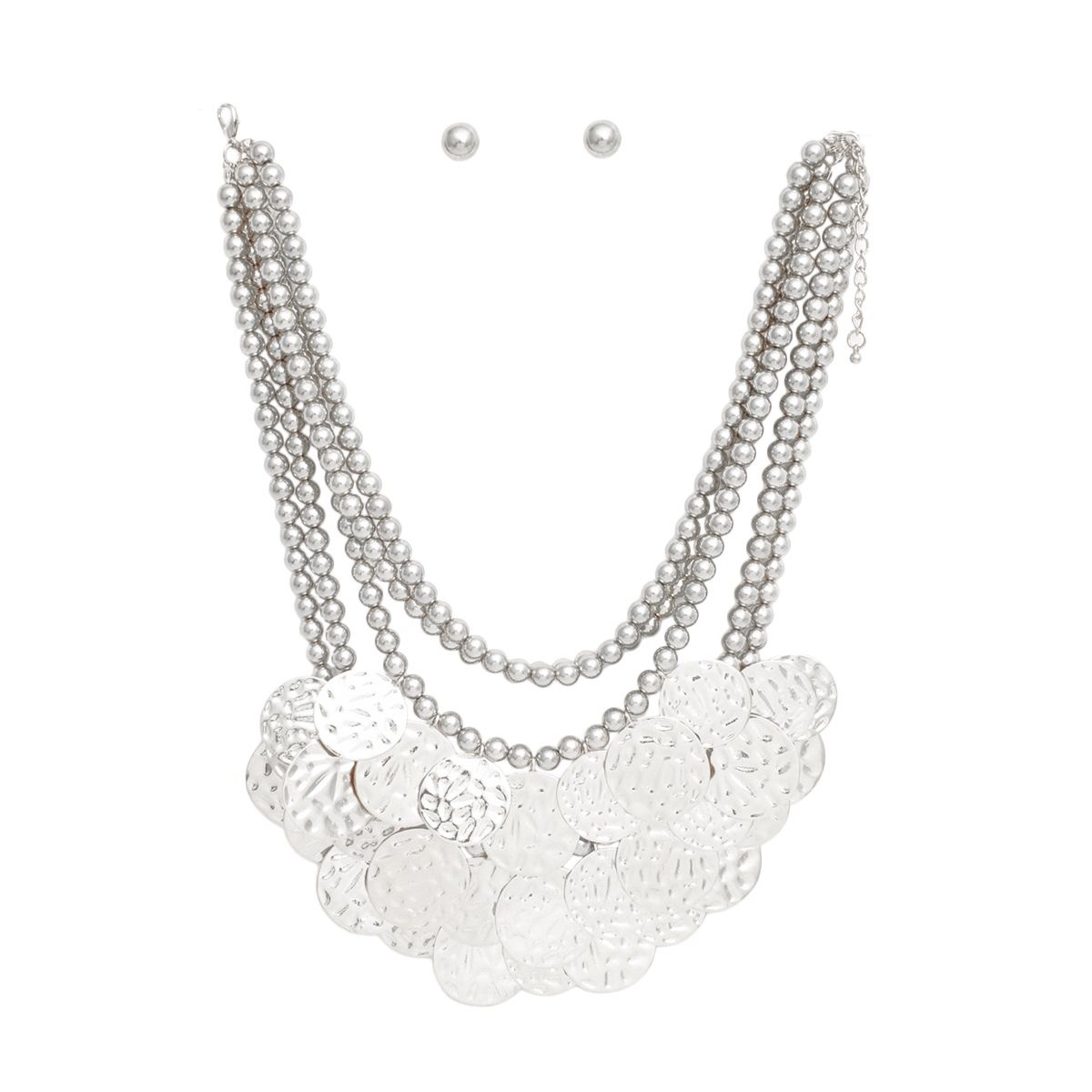 5 Strand Silver-Tone Hammered Metal Bib Necklace Set Pinktown