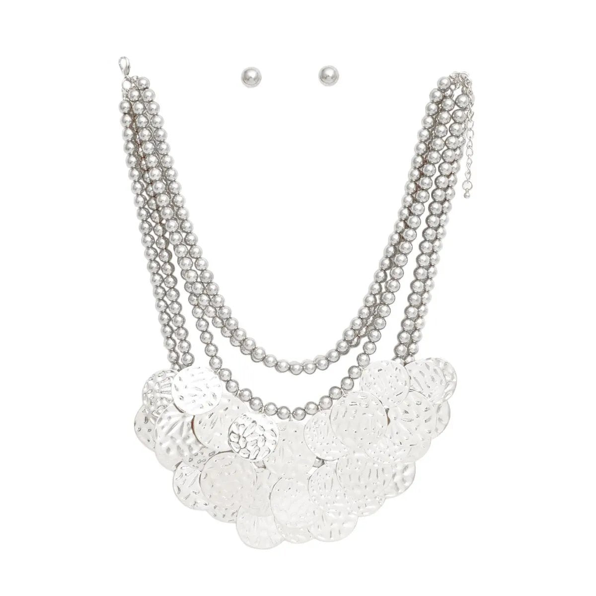 5 Strand Silver-Tone Hammered Metal Bib Necklace Set