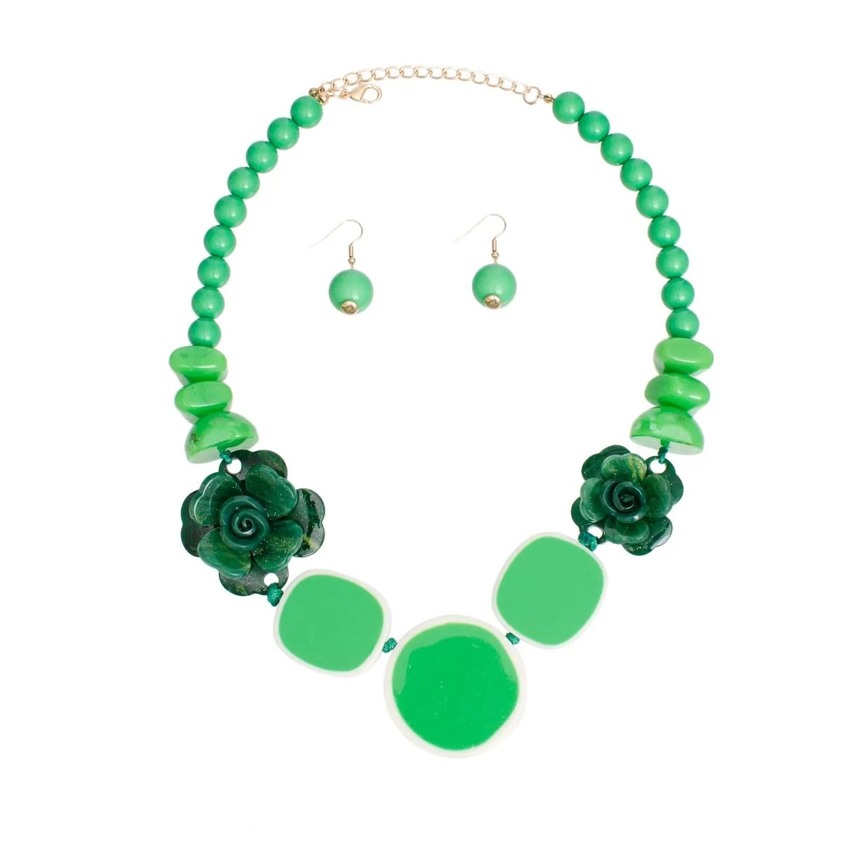Green Beaded Flower Necklace with Matching Earrings