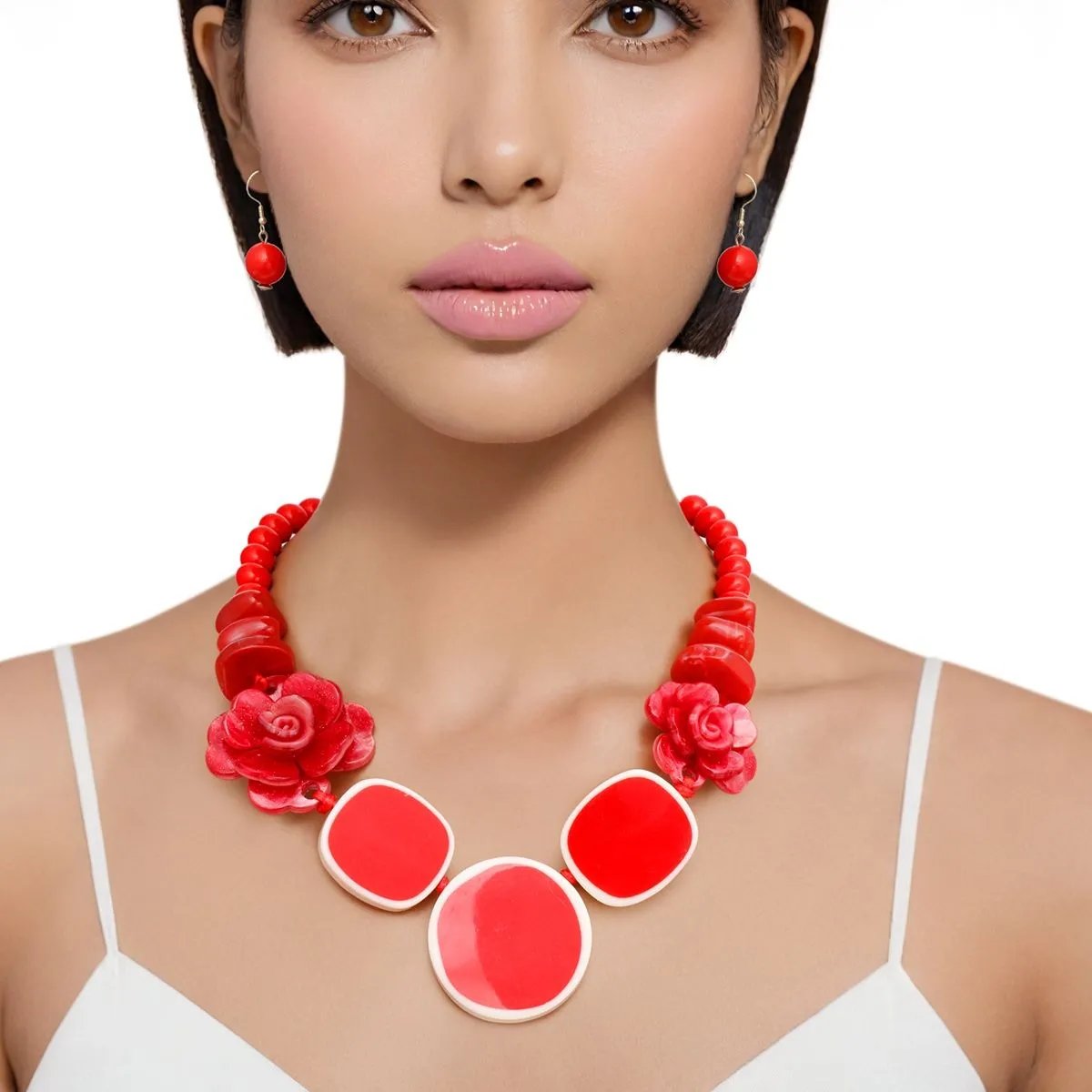 Red Beaded Flower Necklace with Matching Earrings