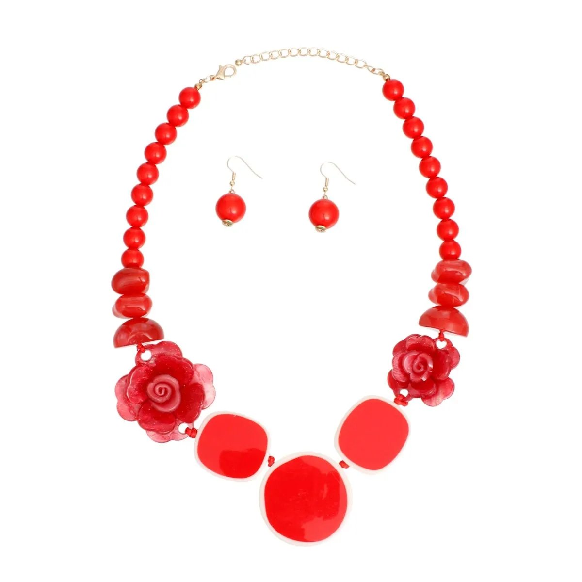 Red Beaded Flower Necklace with Matching Earrings