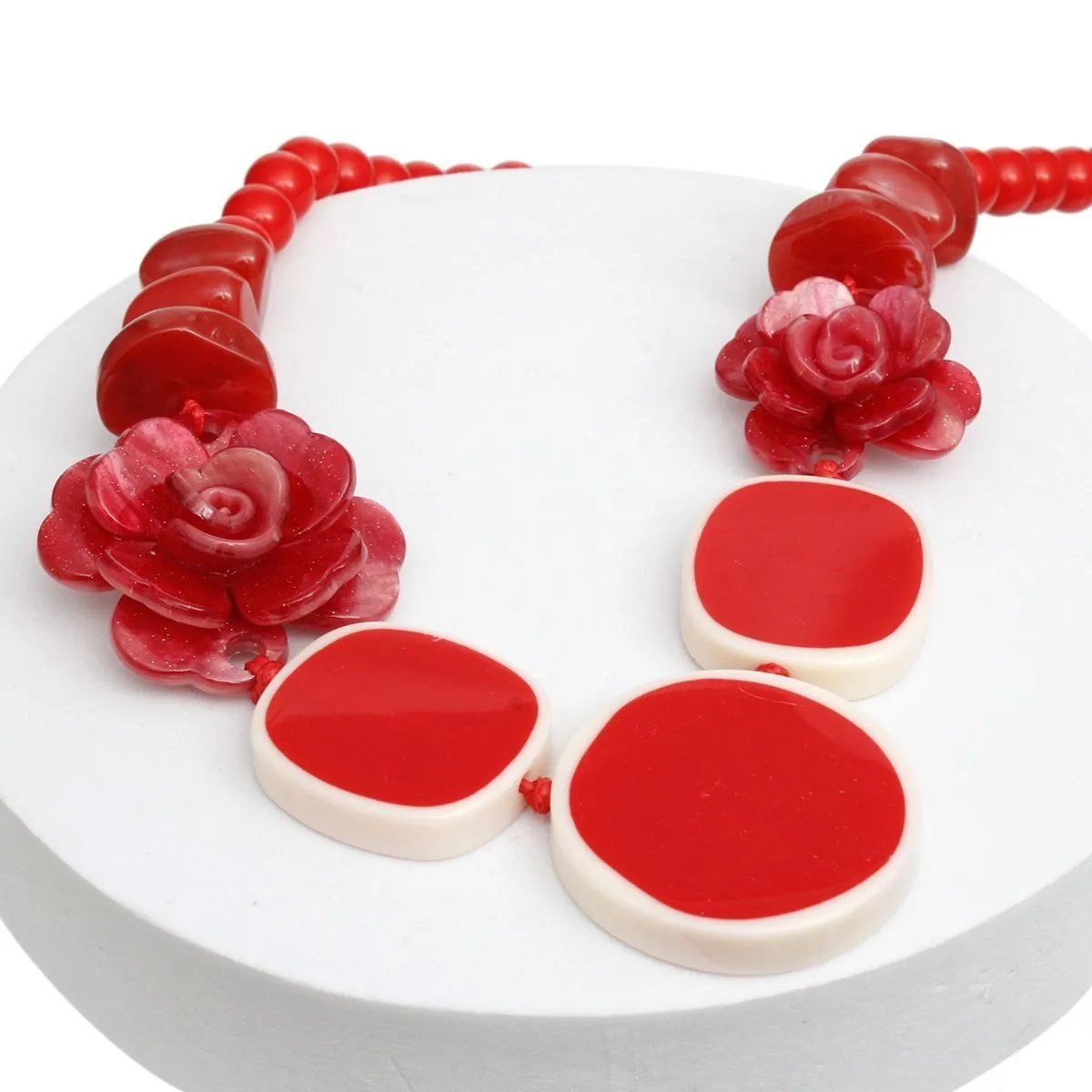 Red Beaded Flower Necklace with Matching Earrings