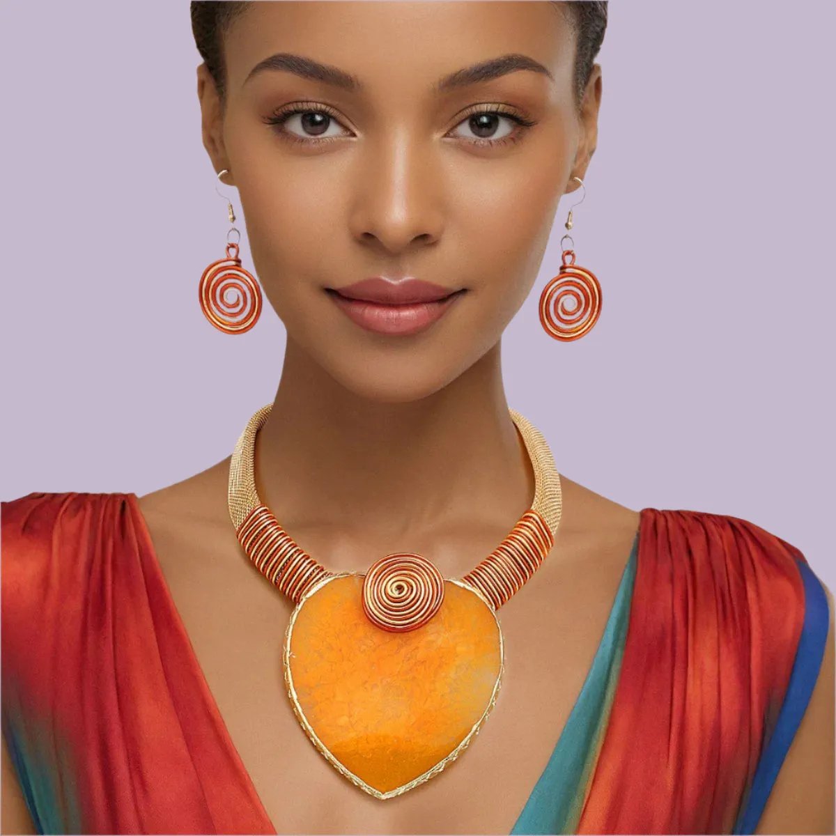 Bold Orange Palm Leaf Necklace Set – Complete Your Look