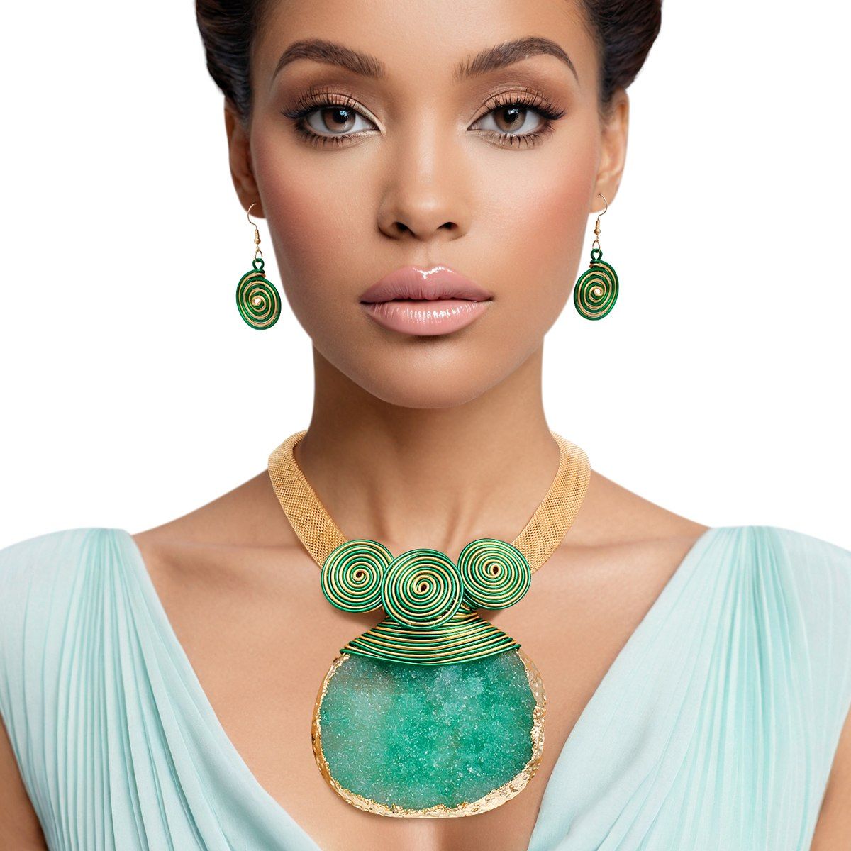 Gold Green Statement Necklace Coiled Wire Druzy Pendant Set | Fashion Jewelry