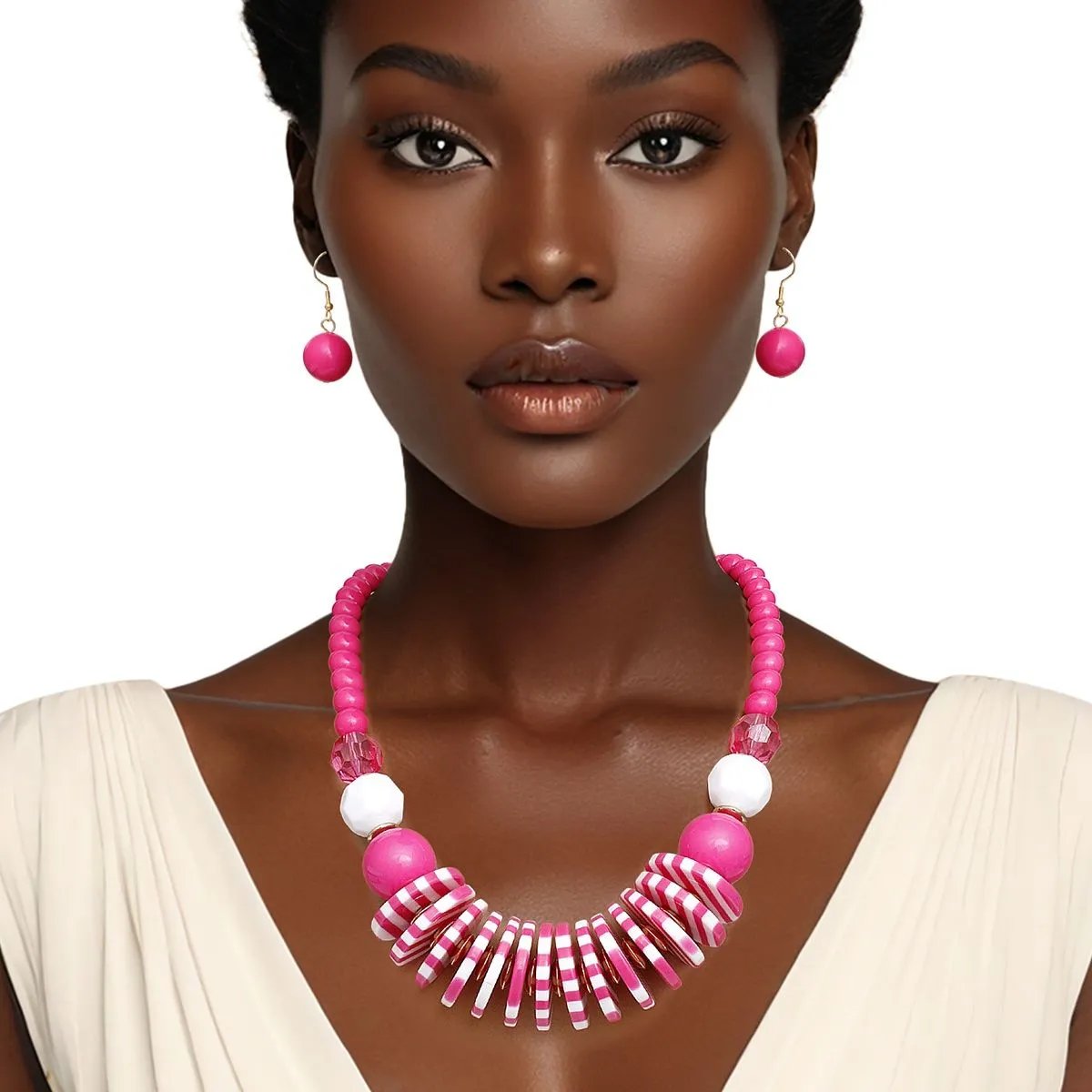 Midcentury Inspired Fuchsia & White Striped Disc Statement Necklace & Earring Set with Gold Accents