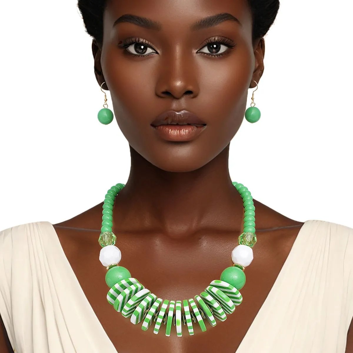 Midcentury Inspired Green & White Striped Disc Statement Necklace & Earring Set with Gold Accents