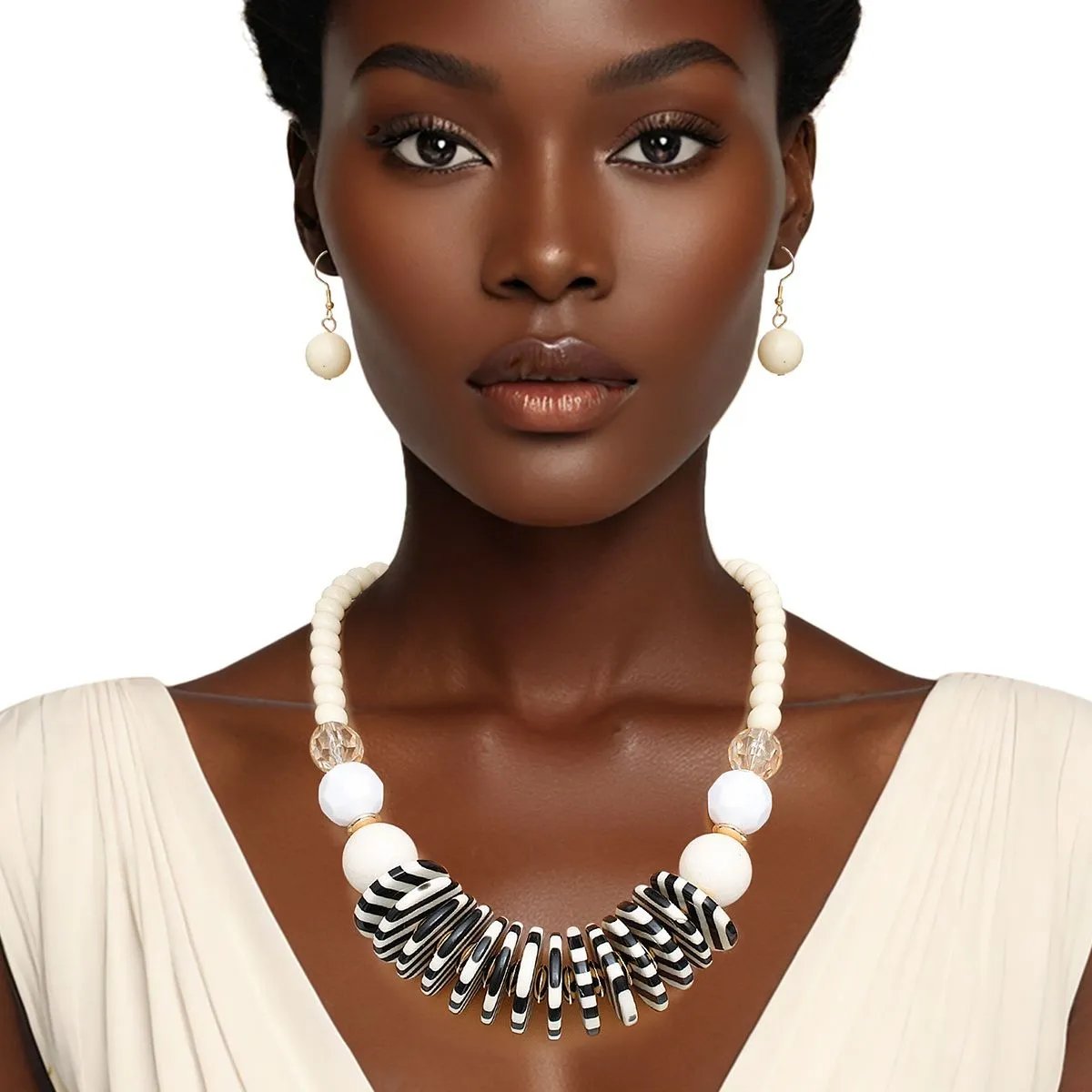 Midcentury Inspired Black & Ivory Striped Disc Statement Necklace & Earring Set with Gold Accents