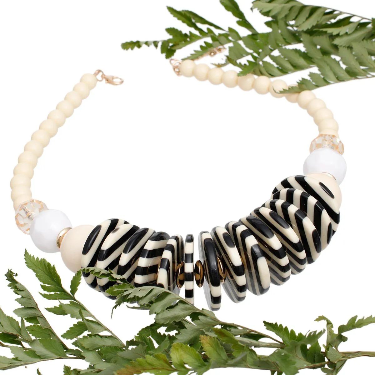 Midcentury Inspired Black & Ivory Striped Disc Statement Necklace & Earring Set with Gold Accents