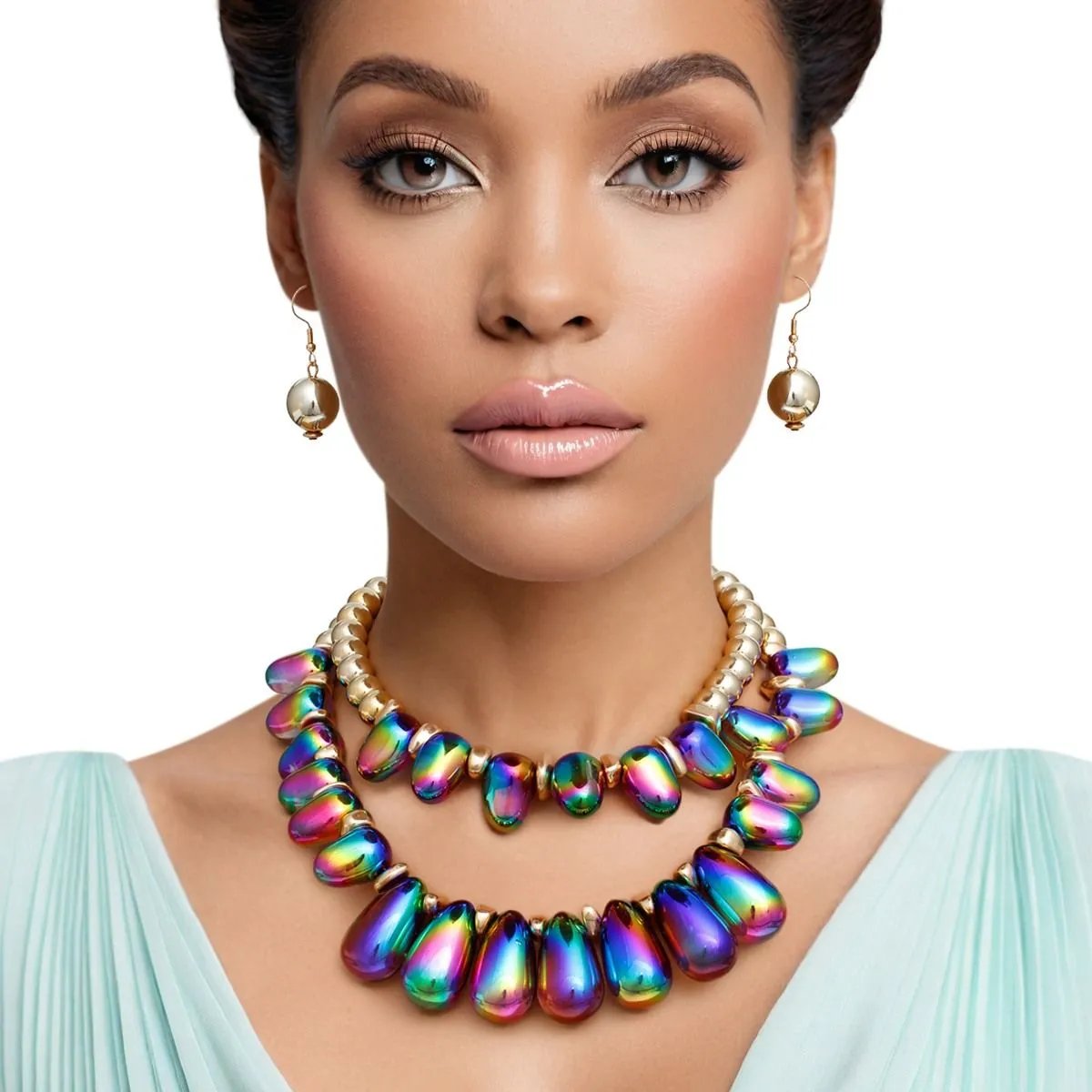 Vibrant Double Layer Beaded Carnival Iridescent Teardrop Necklace Set with Gold Acrylic Balls & Matching Earrings
