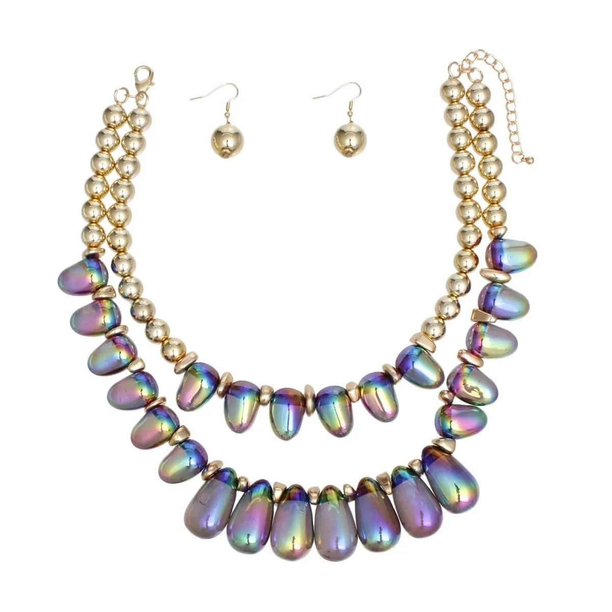 Vibrant Double Layer Beaded Carnival Iridescent Teardrop Necklace Set with Gold Acrylic Balls & Matching Earrings