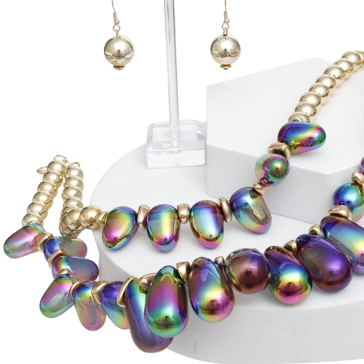 Vibrant Double Layer Beaded Carnival Iridescent Teardrop Necklace Set with Gold Acrylic Balls & Matching Earrings