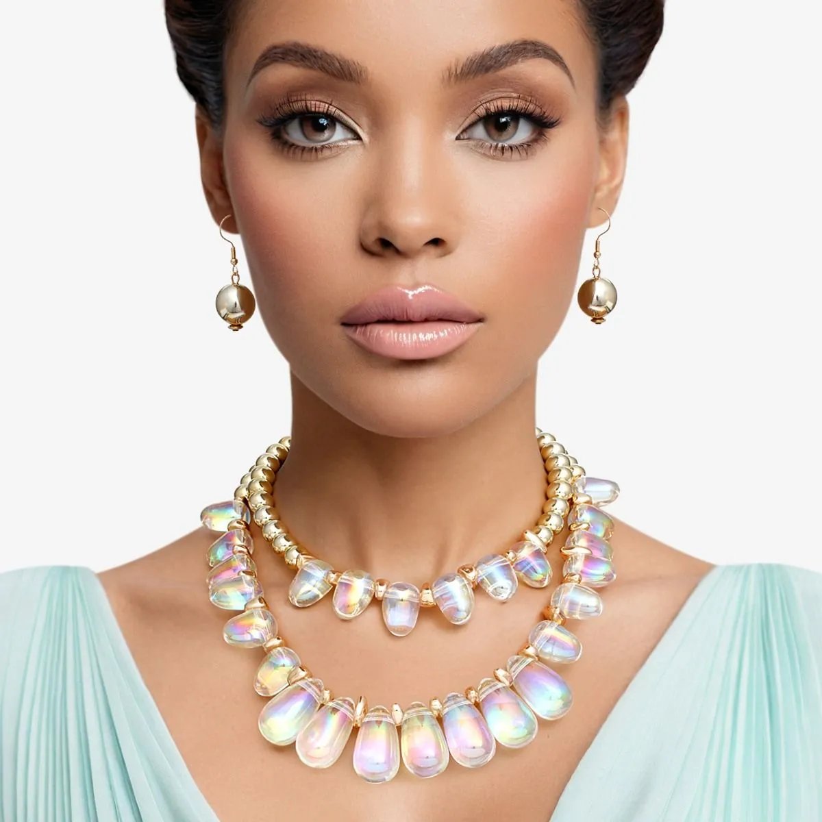Vibrant Double Layer Beaded Clear Iridescent Teardrop Necklace Set with Gold Acrylic Balls & Matching Earrings