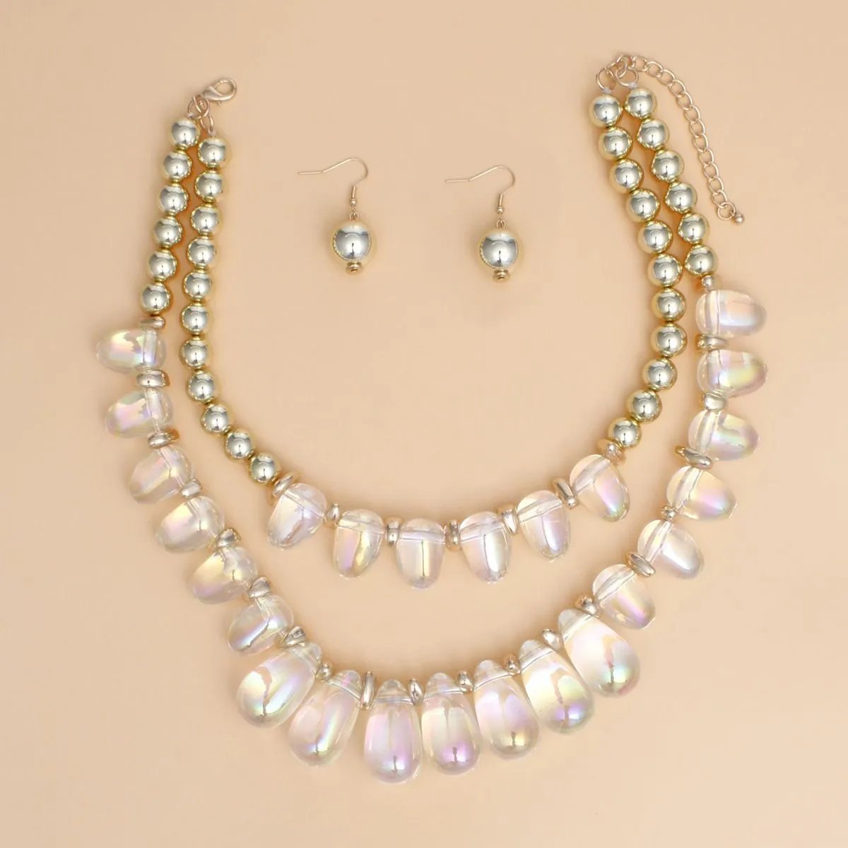 Vibrant Double Layer Beaded Clear Iridescent Teardrop Necklace Set with Gold Acrylic Balls & Matching Earrings