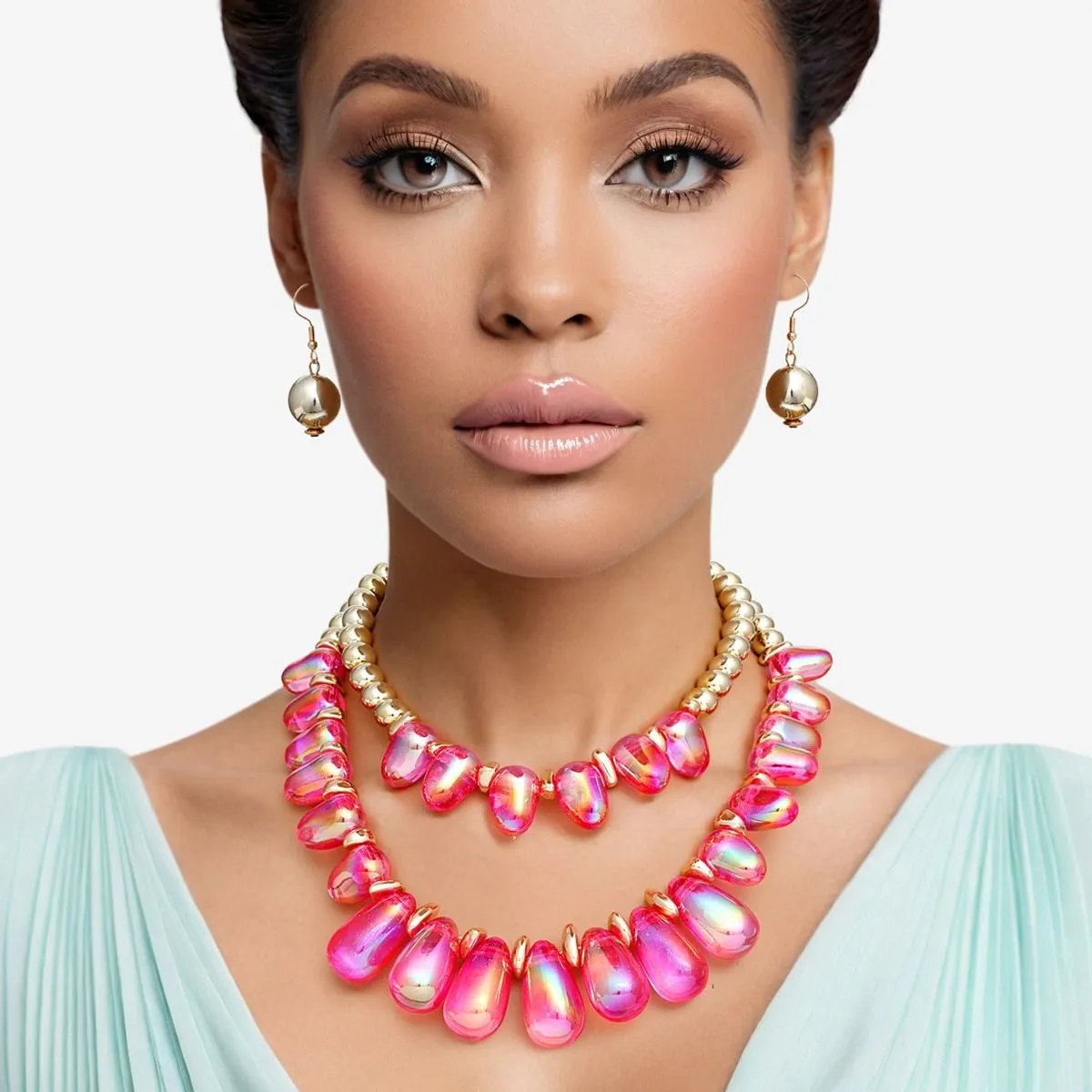 Vibrant Double Layer Beaded Fuchsia Iridescent Teardrop Necklace Set with Gold Acrylic Balls & Matching Earrings