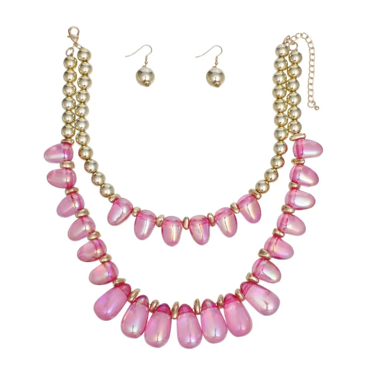 Vibrant Double Layer Beaded Fuchsia Iridescent Teardrop Necklace Set with Gold Acrylic Balls & Matching Earrings