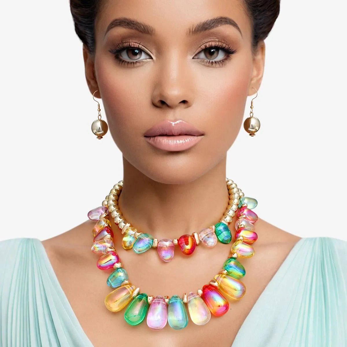 Vibrant Double Layer Beaded Multicolor Iridescent Teardrop Necklace Set with Gold Acrylic Balls & Matching Earrings