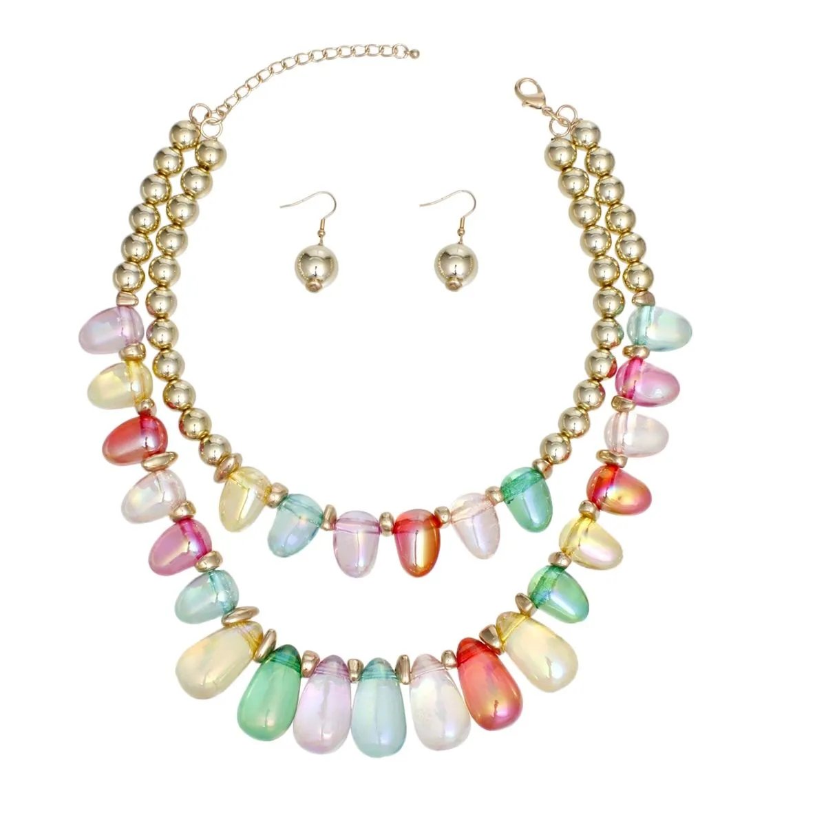 Vibrant Double Layer Beaded Multicolor Iridescent Teardrop Necklace Set with Gold Acrylic Balls & Matching Earrings