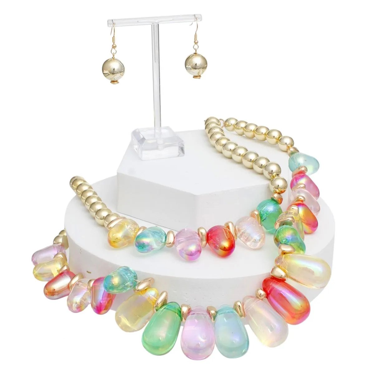 Vibrant Double Layer Beaded Multicolor Iridescent Teardrop Necklace Set with Gold Acrylic Balls & Matching Earrings