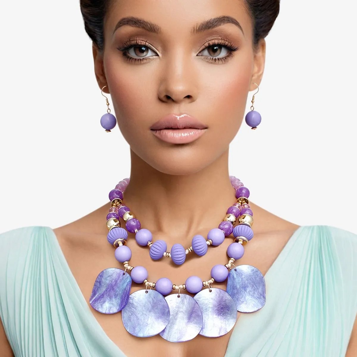 Women's Double Layer Purple Beaded Necklace Set with Marbled Disc Drops and Matching Earrings