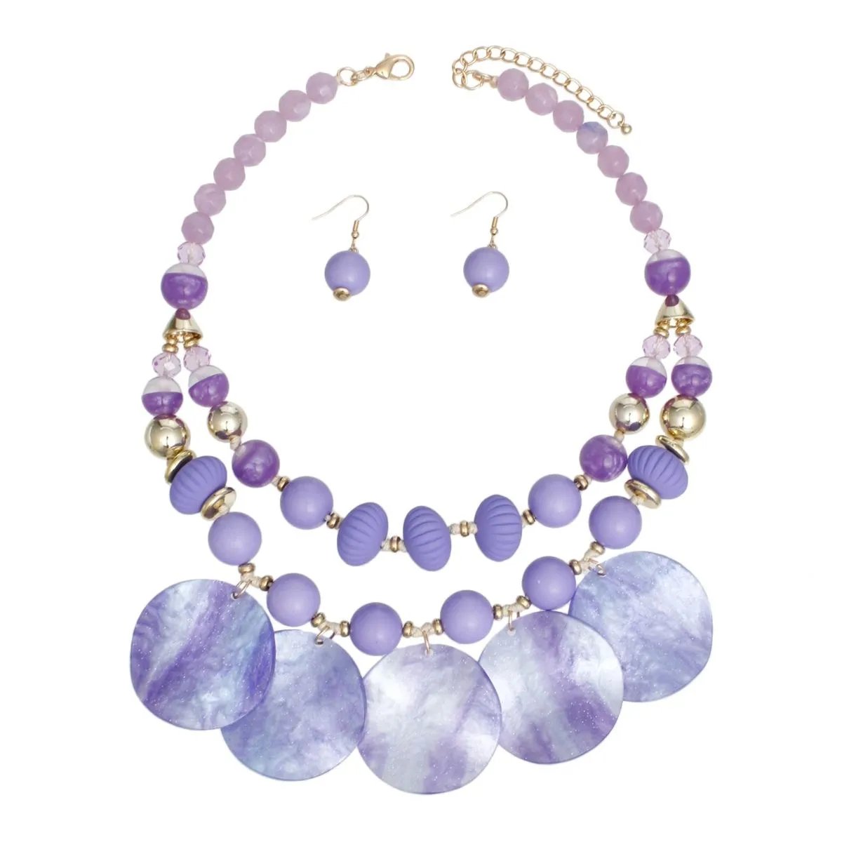 Women's Double Layer Purple Beaded Necklace Set with Marbled Disc Drops and Matching Earrings
