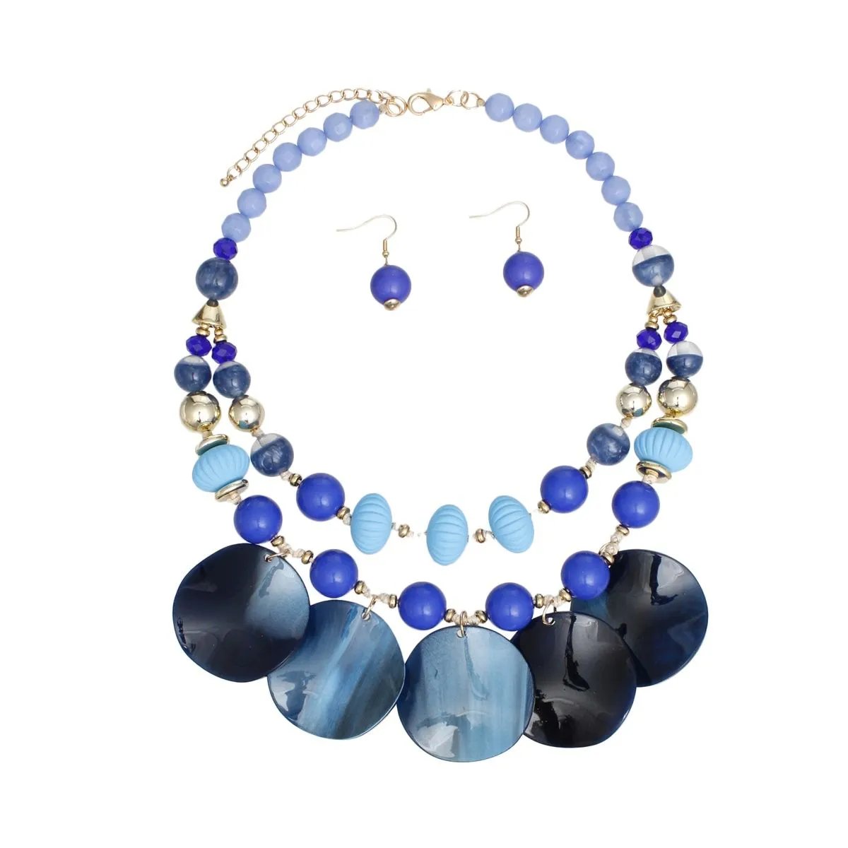 Women's Double Layer Blue Beaded Necklace Set with Marbled Disc Drops and Matching Earrings