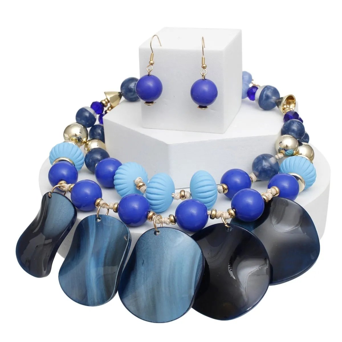 Women's Double Layer Blue Beaded Necklace Set with Marbled Disc Drops and Matching Earrings