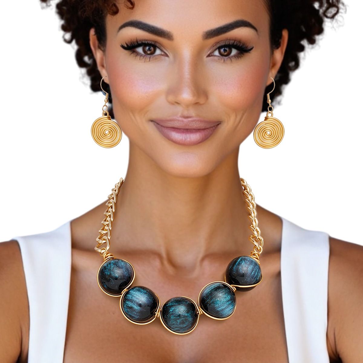 Black Resin Bead Gold Collar Necklace Set for Women