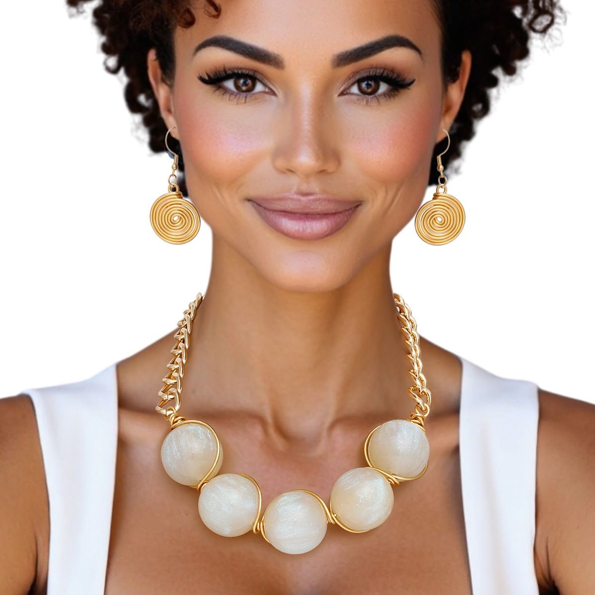Ivory Resin Bead Gold Collar Necklace Set for Women