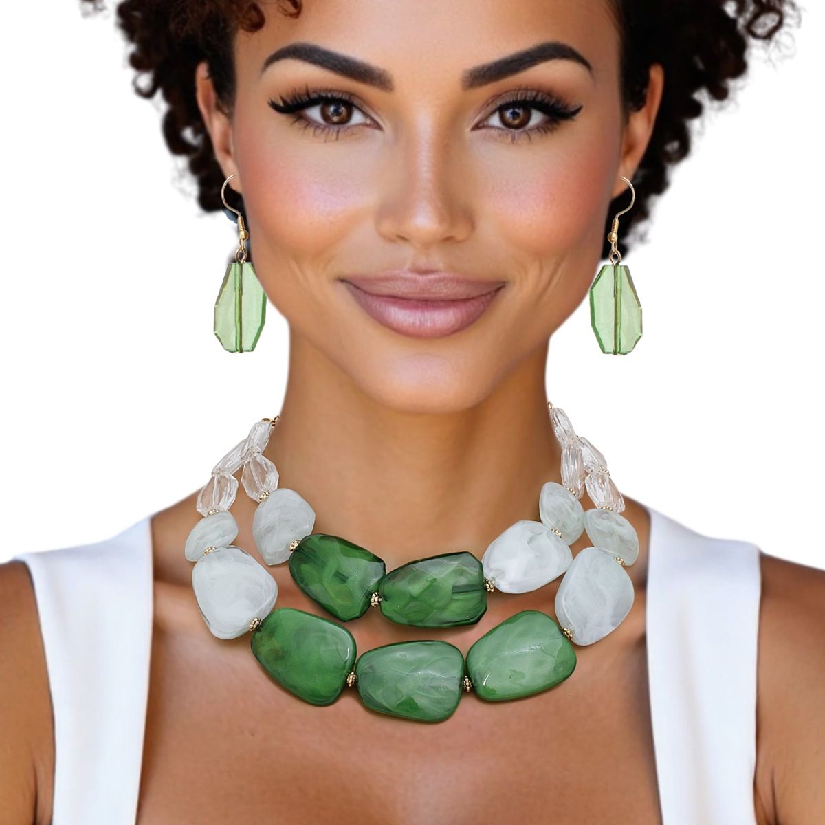 Green Bead Necklace Set Acrylic Resin Statement Jewelry with Earrings