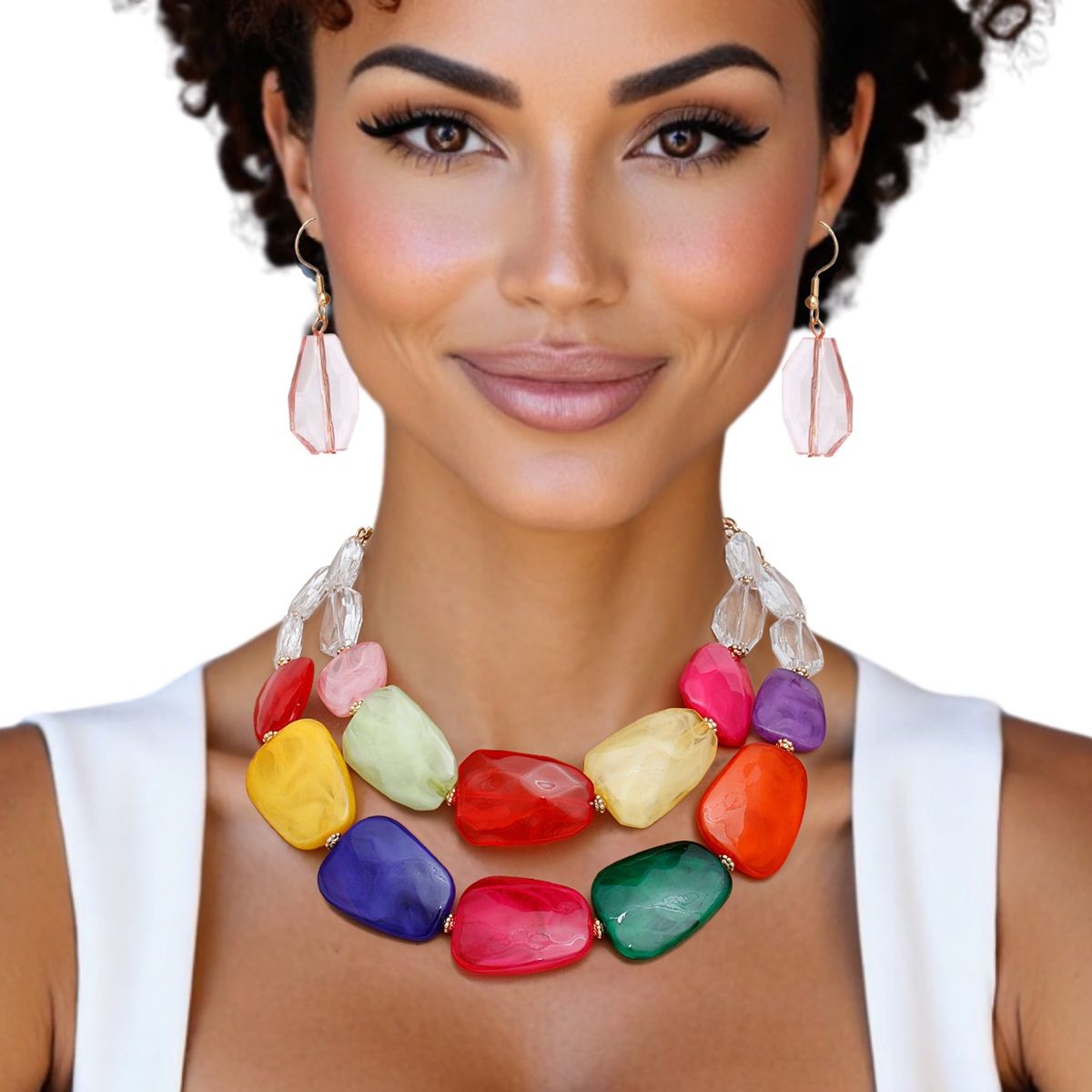 Multicolored Bead Necklace Set Acrylic Resin Statement Jewelry with Earrings