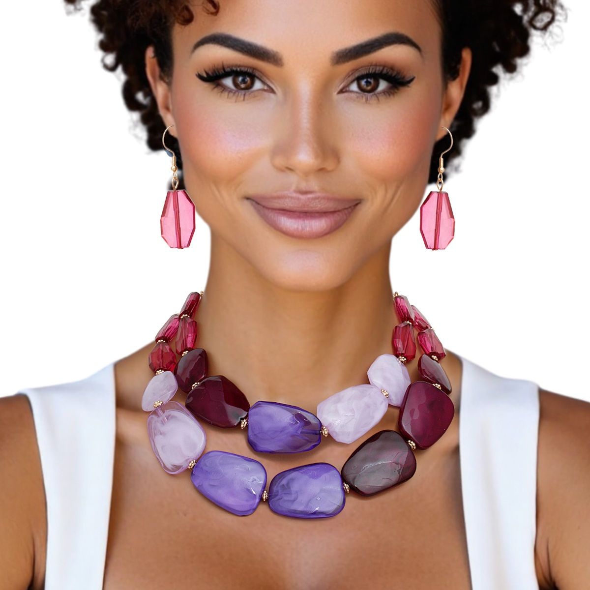 Purple Bead Necklace Set Acrylic Resin Statement Jewelry with Earrings