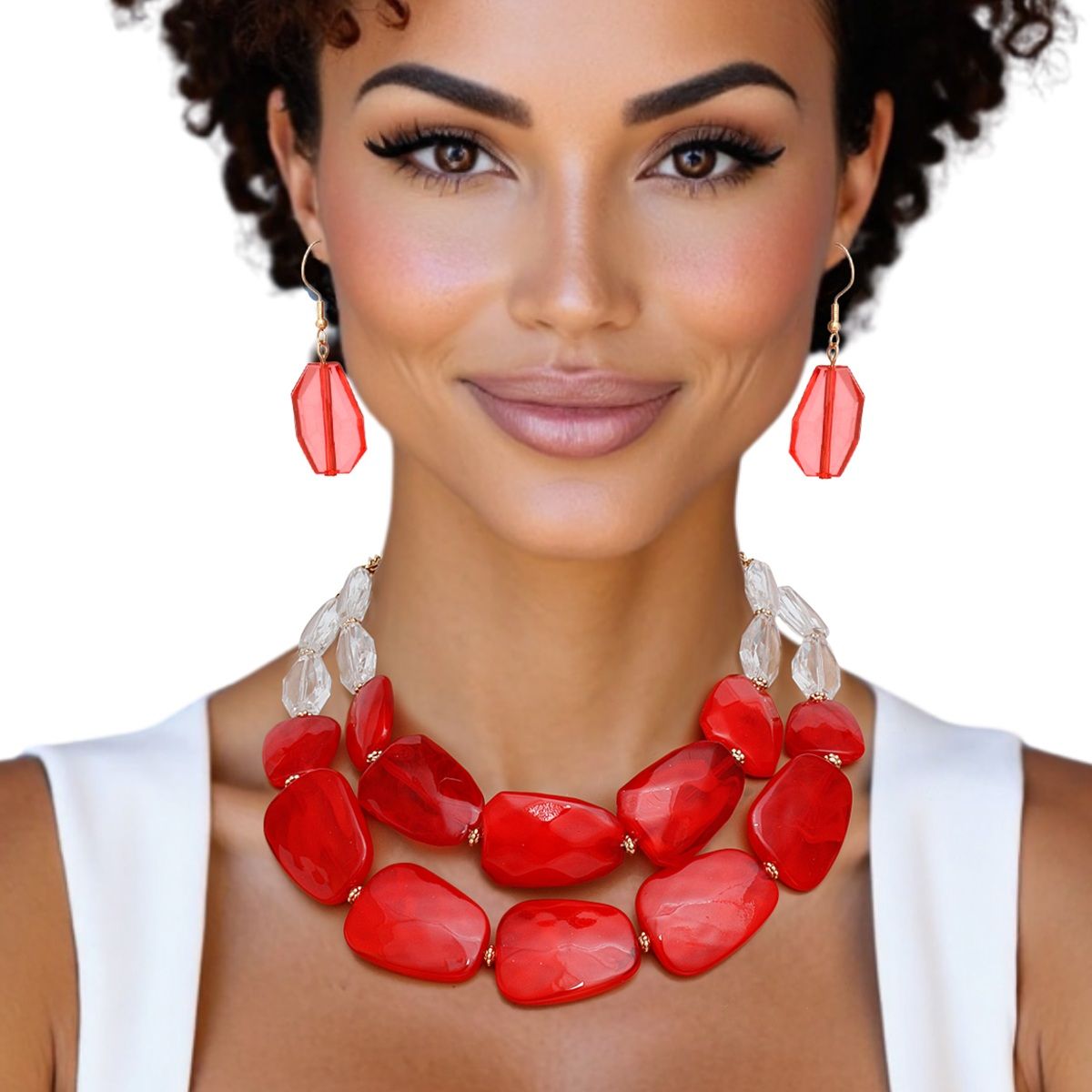 Red Bead Necklace Set Acrylic Resin Statement Jewelry with Earrings