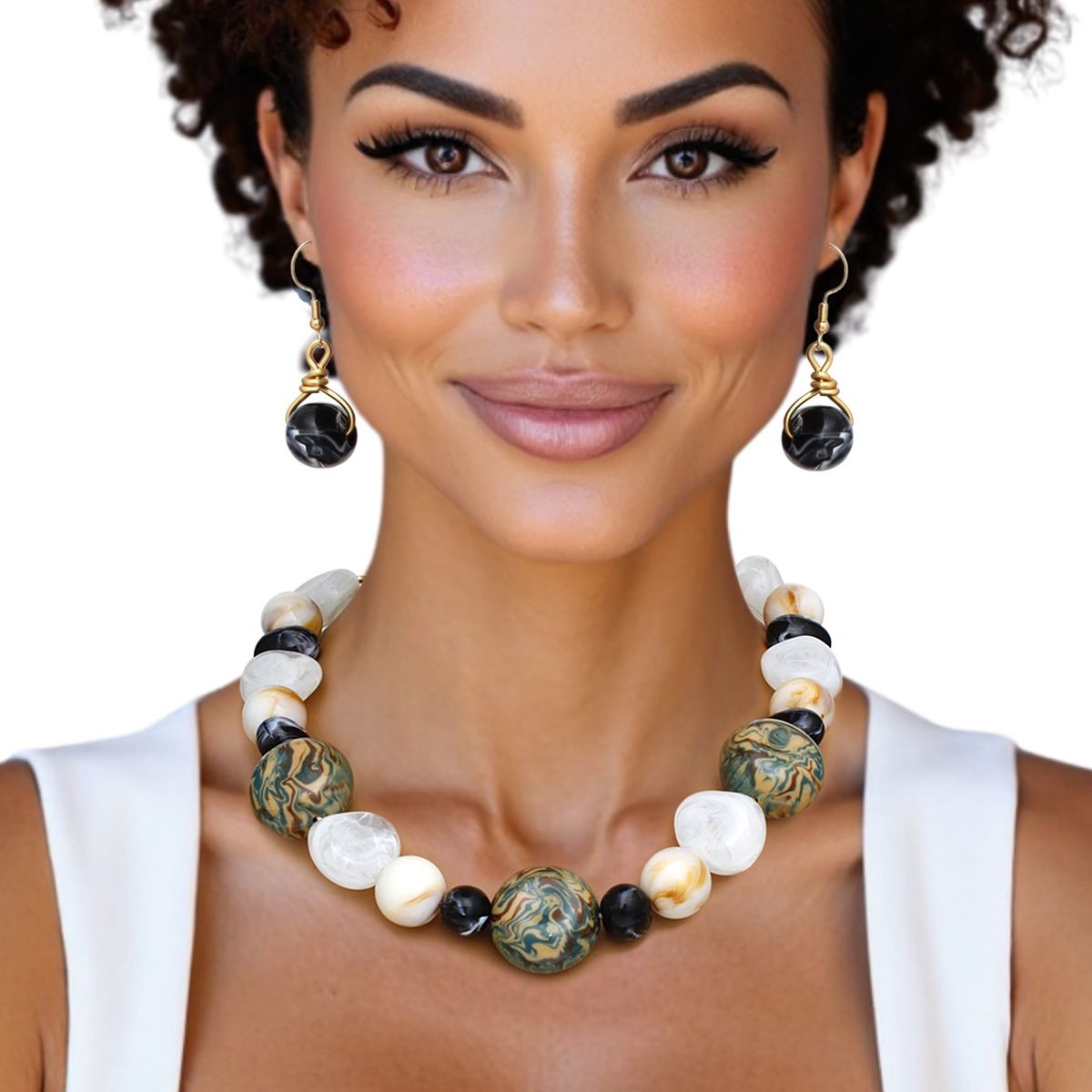 Women’s Chunky Acrylic Bead Necklace Set, Earthy Marbled, Matching Earrings