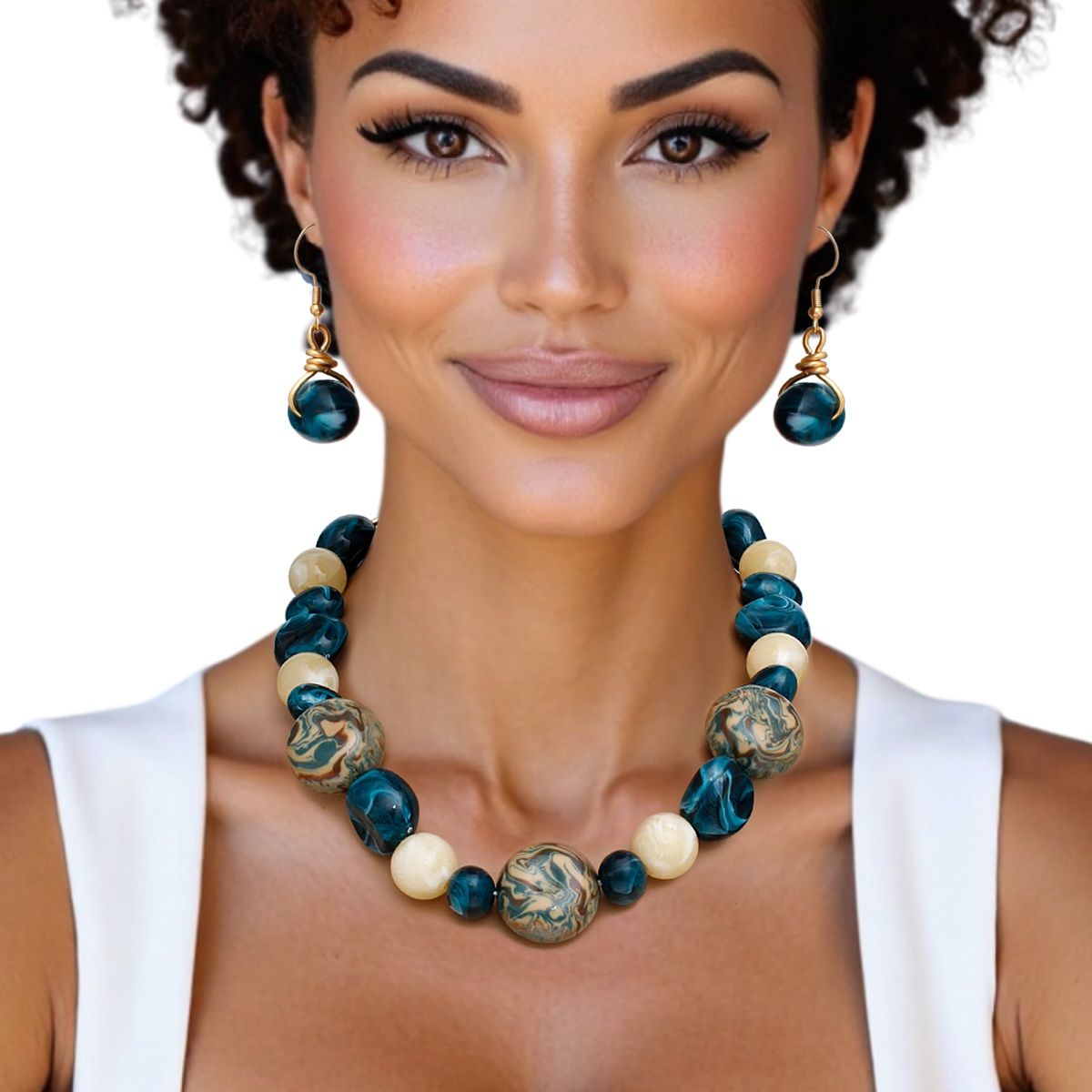 Women’s Beaded Necklace Set Earthy Teal, Chunky Marbled Beads