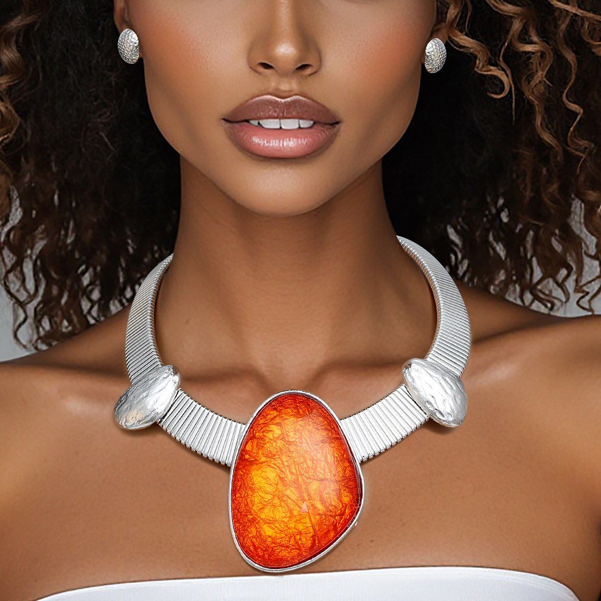 Artisan Silver Collar Necklace Set with Orange Resin Accent