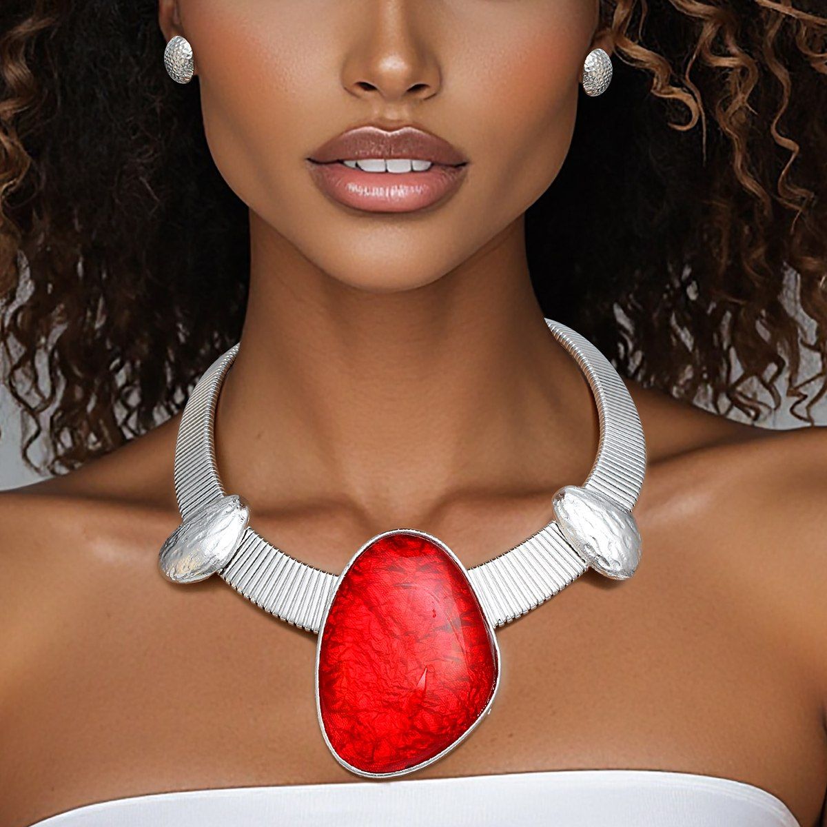 Artisan Silver Collar Necklace Set with Red Resin Accent