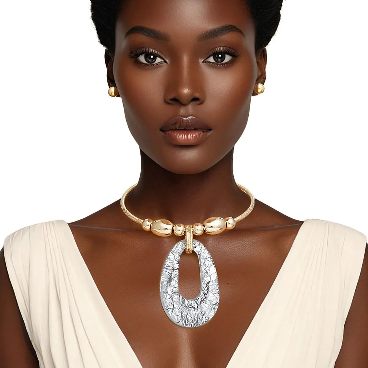 Gold Tone Statement Necklace Set - Resin Oval Pendant Collar & Earrings