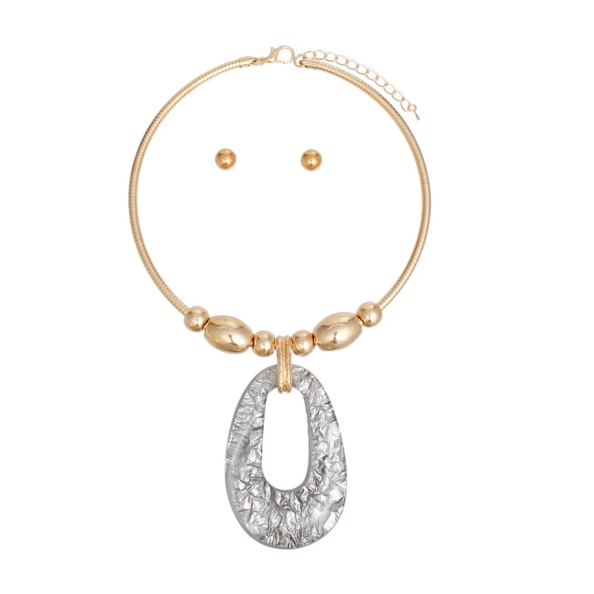 Gold Tone Statement Necklace Set - Resin Oval Pendant Collar & Earrings