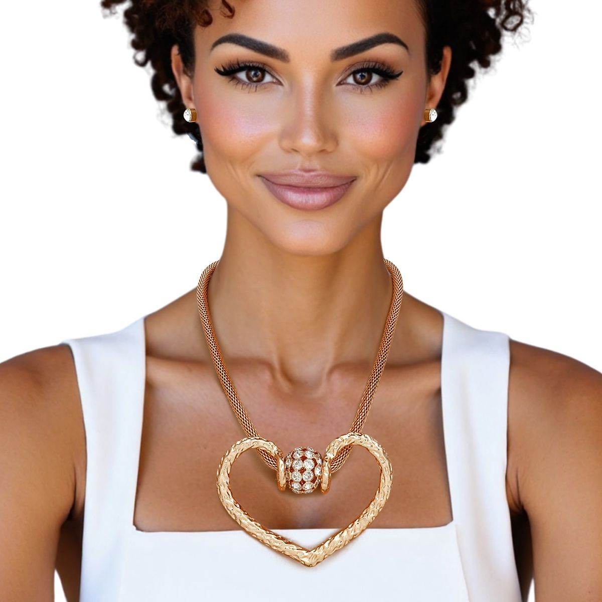 Heart Pendant Necklace Set Gold Mesh