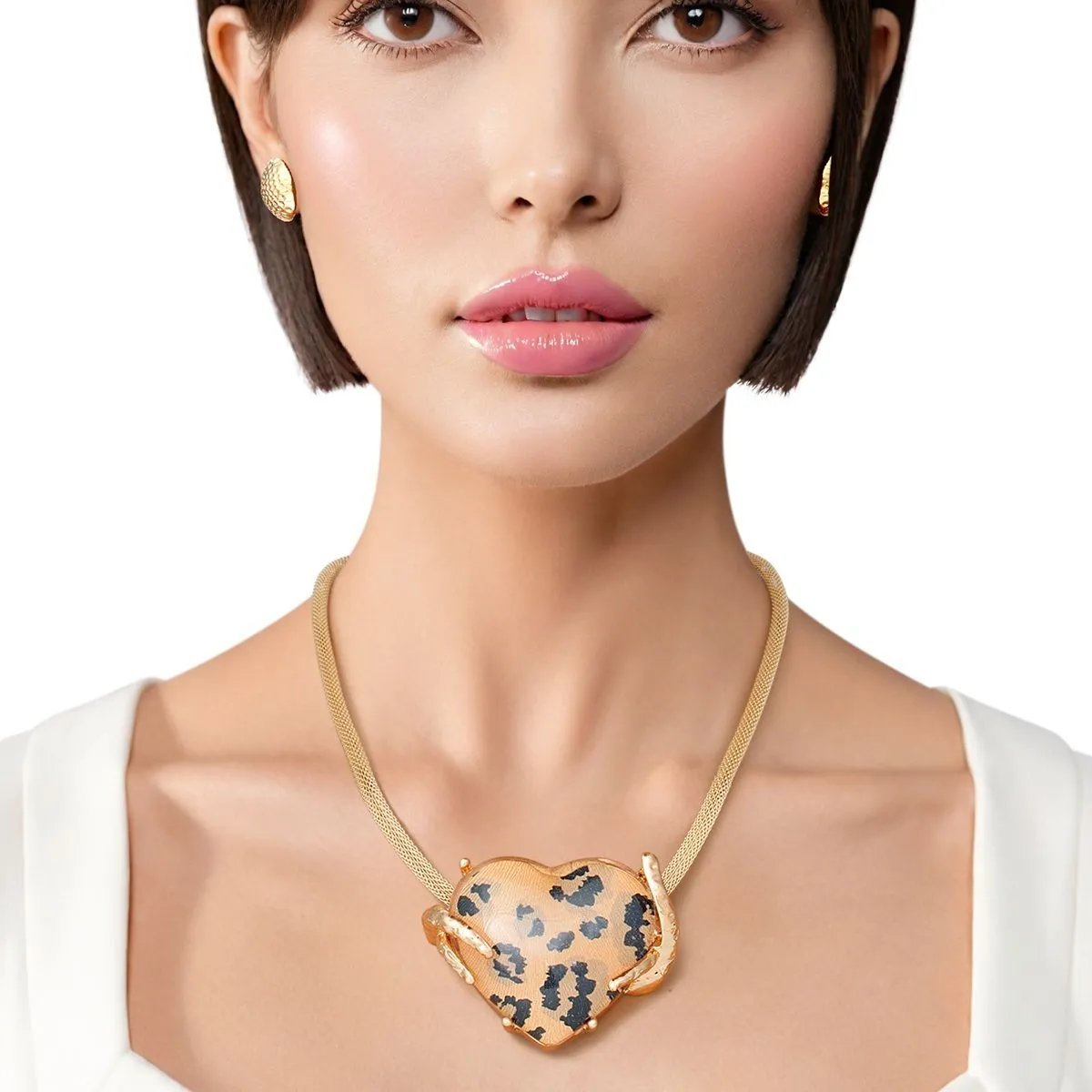 Leopard Heart Pendant Necklace Set with Gold Mesh Chain & Matching Earrings