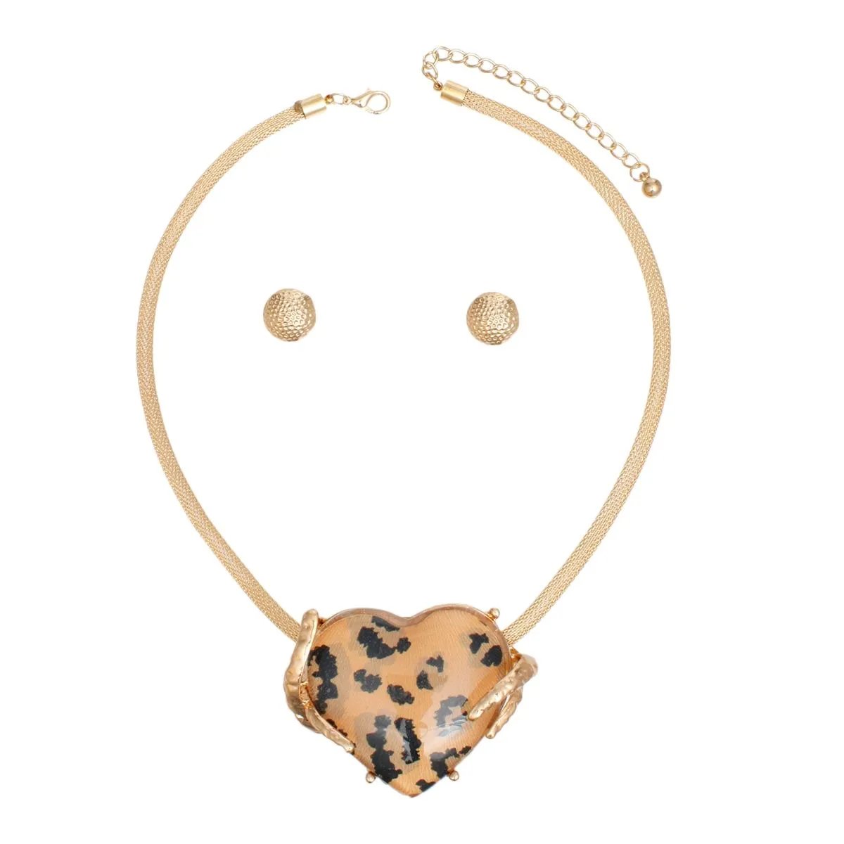 Leopard Heart Pendant Necklace Set with Gold Mesh Chain & Matching Earrings