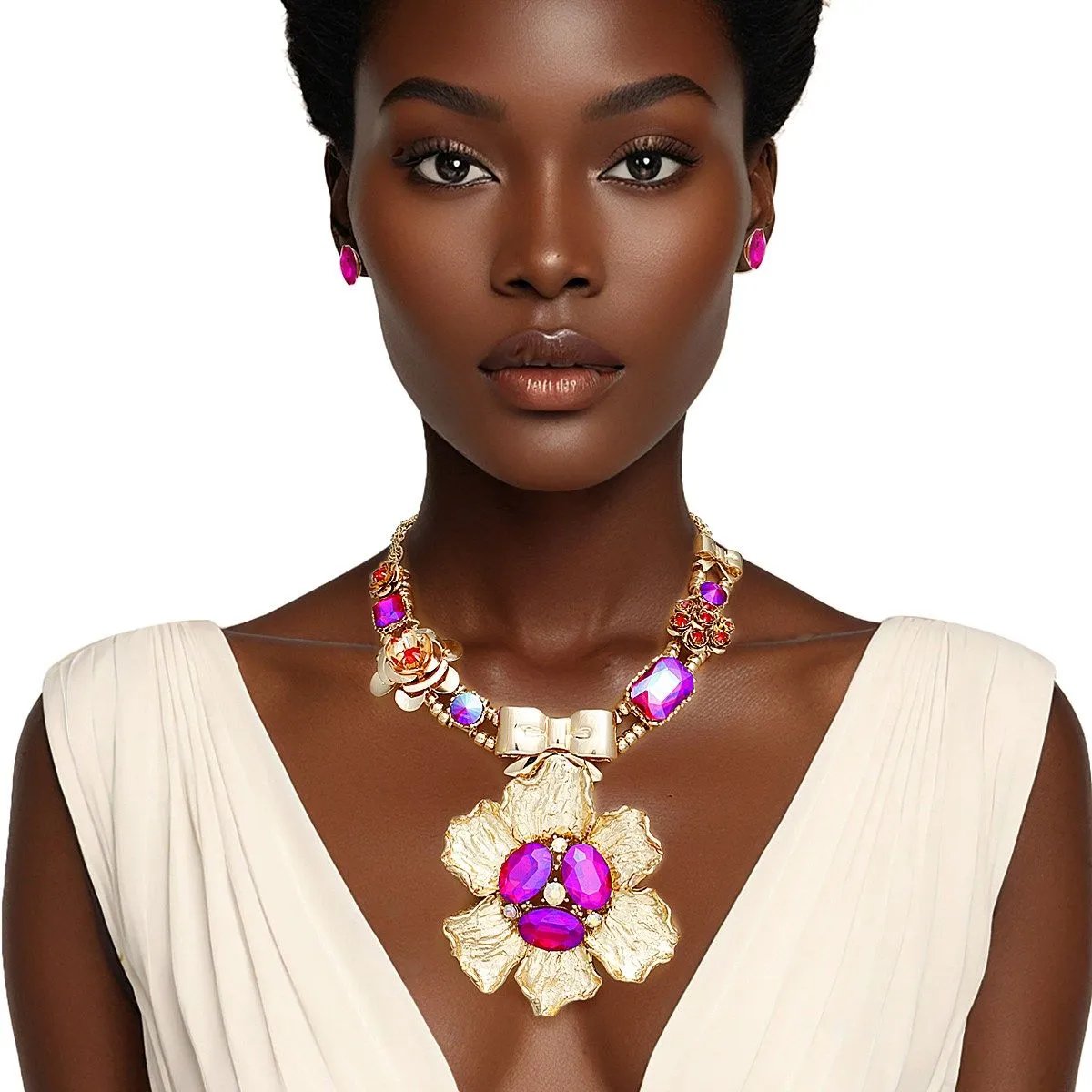 Gold Red & Purple Bow Flower Pendant Necklace with Earrings