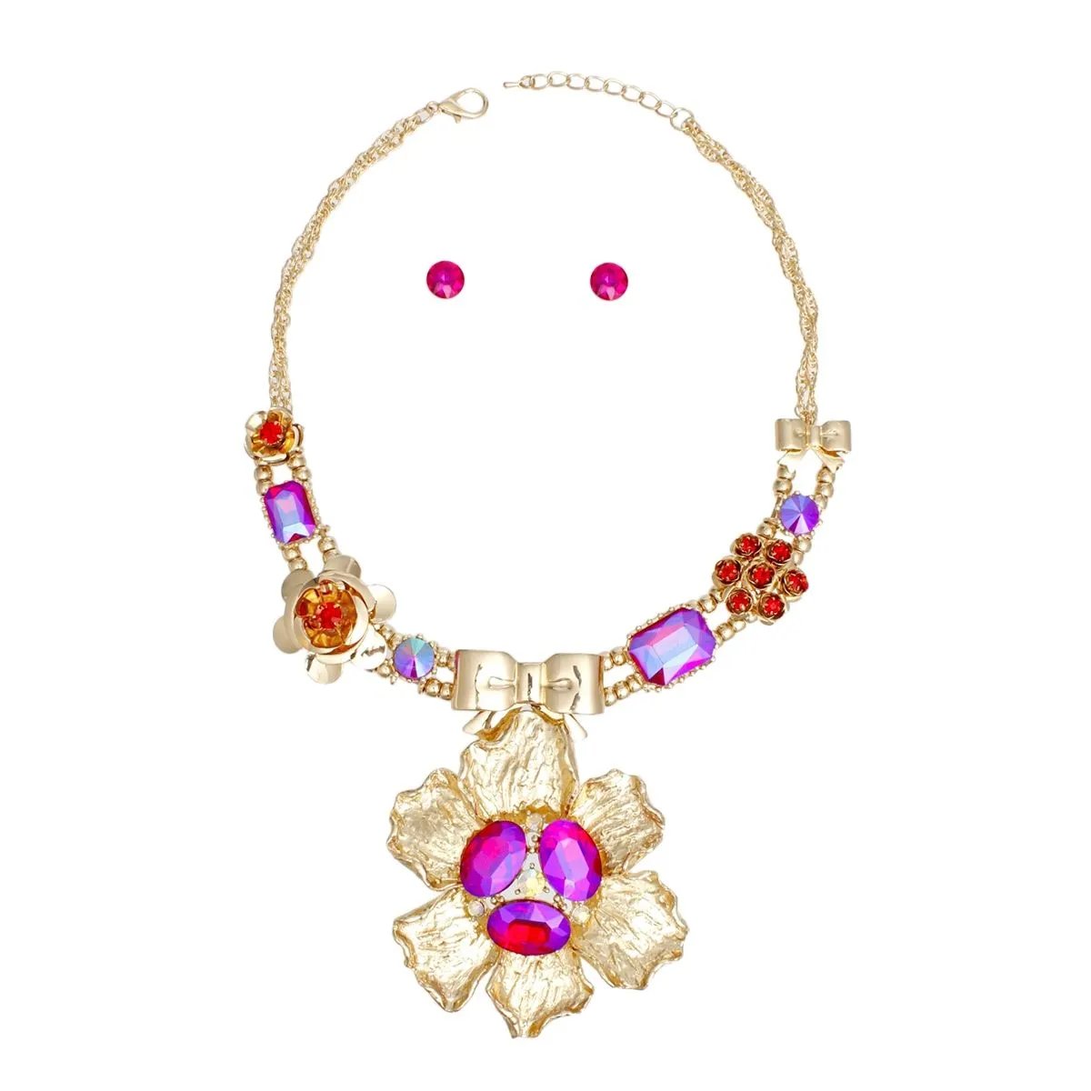 Gold Red & Purple Bow Flower Pendant Necklace with Earrings