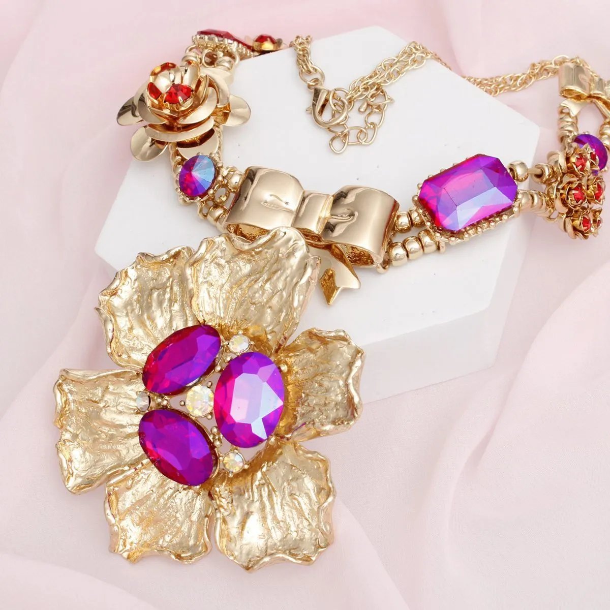 Gold Red & Purple Bow Flower Pendant Necklace with Earrings