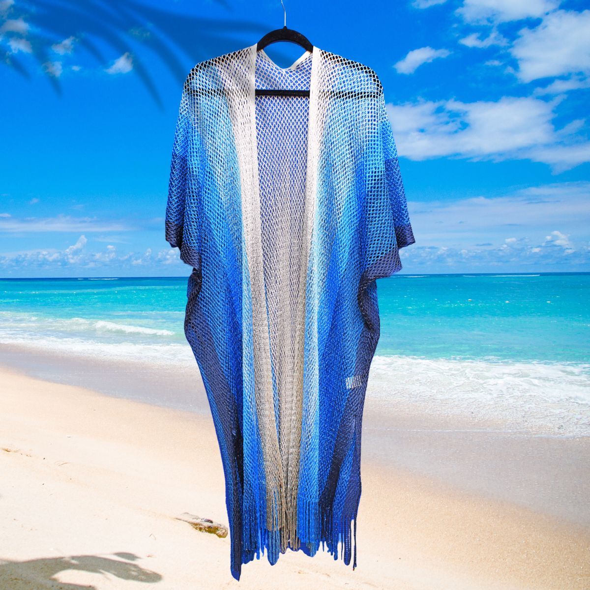 Lurex Kimono Blue Gradient Stripe Knit Cover Up with Fringe Edge – Women's One Size Pinktown