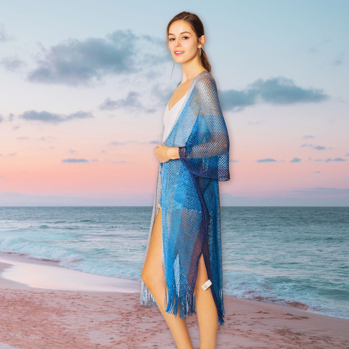 Lurex Kimono Blue Gradient Stripe Knit Cover Up with Fringe Edge – Women's One Size Pinktown