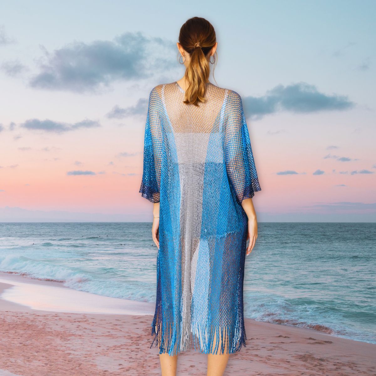 Lurex Kimono Blue Gradient Stripe Knit Cover Up with Fringe Edge – Women's One Size Pinktown